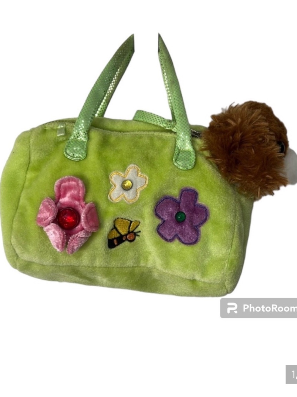 Green Plush Floral Accent Women’s Handbag - Brand Unspecified